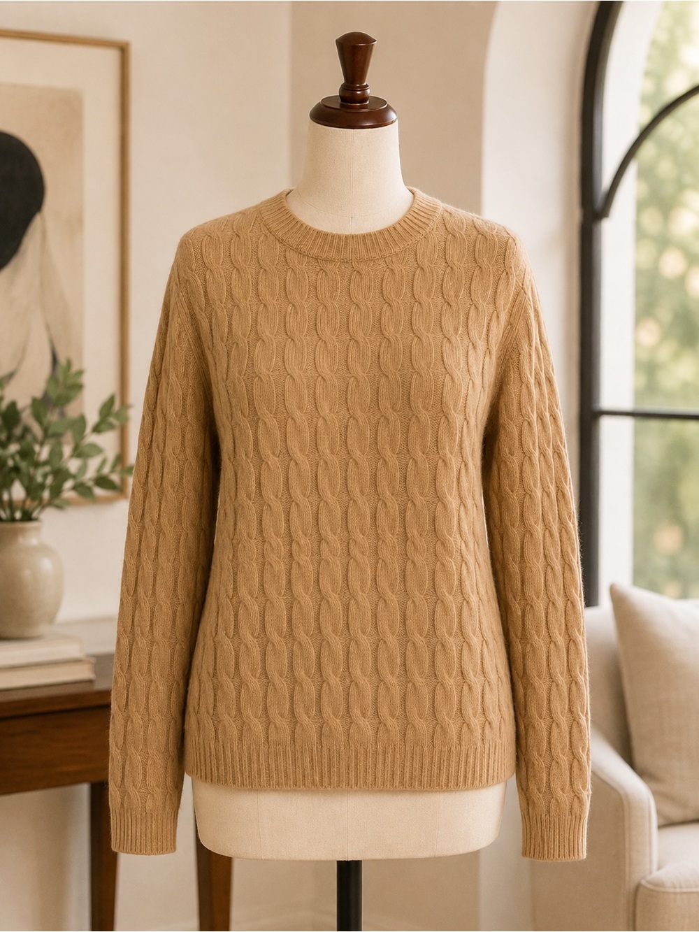 Rafaella Cashmere Lambswool Cable Knit Sweater M Camel Tan Crewneck Pullover